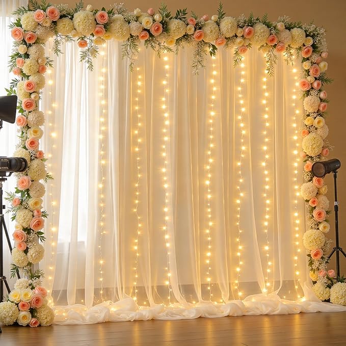 10x10FT Cream Wrinkle Free Backdrop Curtains with Lights String for Parties - Photo Curtain Backdrop with Lights for Wedding Decorations, Bridal Baby Shower Birthday Party Photography Background