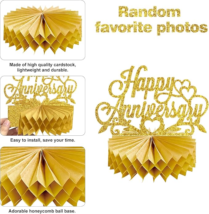 8Pcs Gold Happy Wedding Anniversary Decorations Honeycomb Centerpiece, Gold Glitter Anniversary Photo Table Centerpiece Party Supplies, 25th 30th 40th 50th 60th Gold Anniversary Table Topper