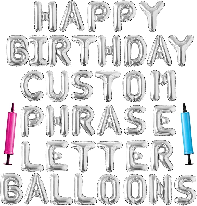 Happy Birthday Balloon Banner Custom Phrase Balloons letter 16 inch Personalized Alphabet Letters Foil Mylar Balloons (Silver)