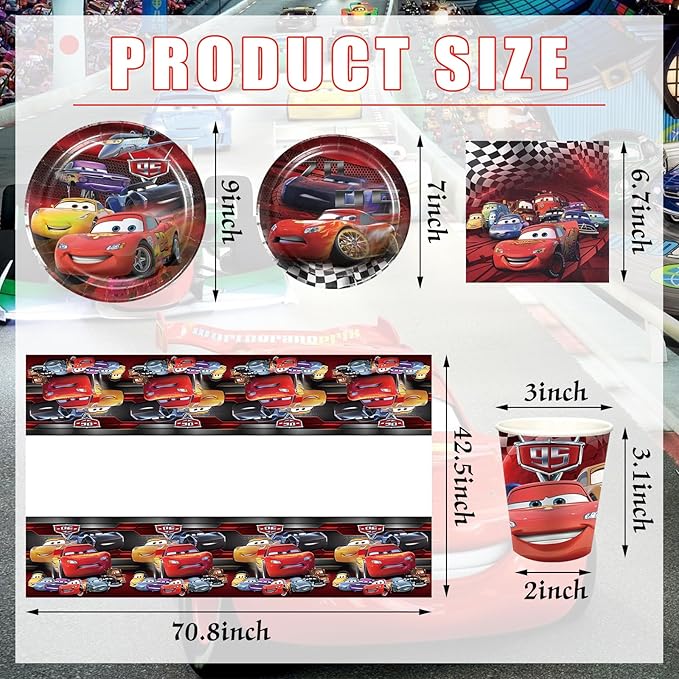 82 PCS Cars Party Supplies, Cars Party Tableware Includes 40 Plates, 20 Napkins, 20 Cups, 2 Tablecloth for Birthday Party Decorations