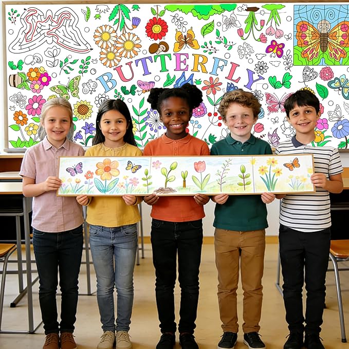 Spring Giant Coloring Poster for Kids 30x72 Inch Large Butterfly Fairy Party Flower Drawing Paper Coloring Tablecloth DIY Art Crafts Mat for Kids Birthday Themed Activity Wall Home Classroom Suppiles