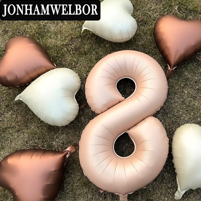 Jonhamwelbor 40 inch Light Brown Number 8 Balloon Caramel Large Big Giant Helium Mylar Foil Number Balloon with Heart Balloons for Girl 8th Eight Year Old Birthday Party Decor (40 inch Beige 8)