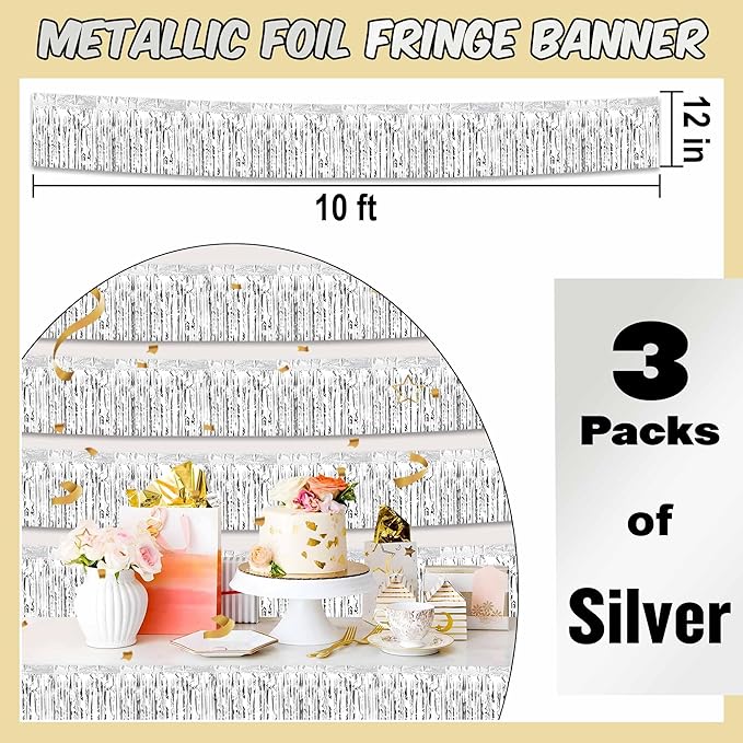 3 Pack 10 Ft Silver Foil Fringe Garland Metallic Streamers Tinsel Banner Wall Hanging Garland Backdrop for Parade Floats, Halloween, Christmas, Thanksgiving, New Year Party Decorations