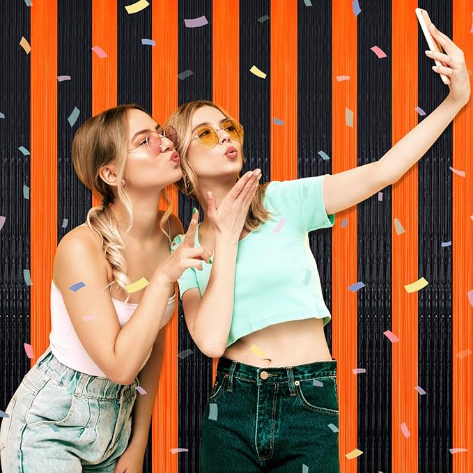 3 Pack Black Orange Foil Fringe Curtain Backdrop, 3.28Ft x 8.2Ft Metallic Tinsel Foil Fringe Streamer Curtains for Photo Booth, Mother's Day, Easter, Birthday, Wedding Party Decorations