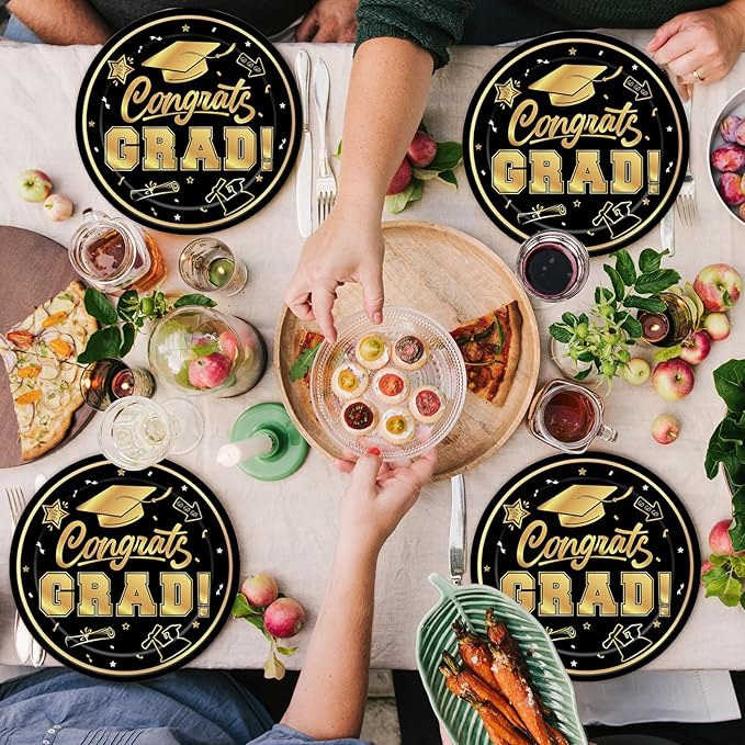 40Pcs Graduation Plates and Napkins 2025 Party Supplies, Class Of 2025 Disposable Black Gold Tableware Set for Congrats Grad Party Decorations (Graduation)