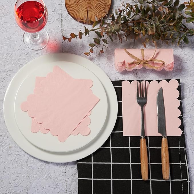 100 Pack Cocktail Napkin 2-Ply Scalloped Edged Dessert Napkins Folded 5 x 5 Inches Disposable Napkins for Dinner Wedding Birthday Party Bridal Anniversary Reception Event (Pink)