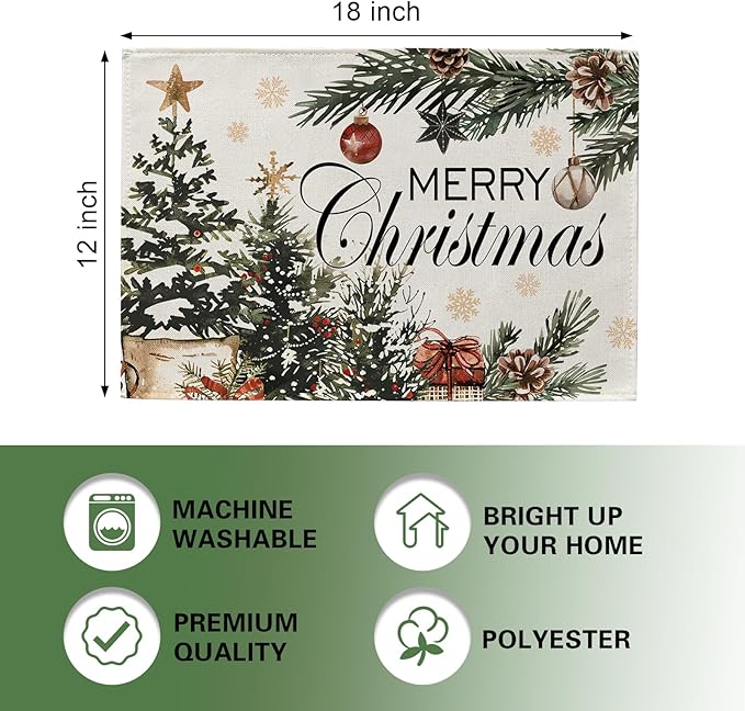 Merry Christmas Tree Placemats Set of 4, Xmas Balls Gifts Pine Branches Dining Place Mats Table Decor, Winter Holiday Gold Snowflake Home Kitchen Decoration 12 x 18 Inches