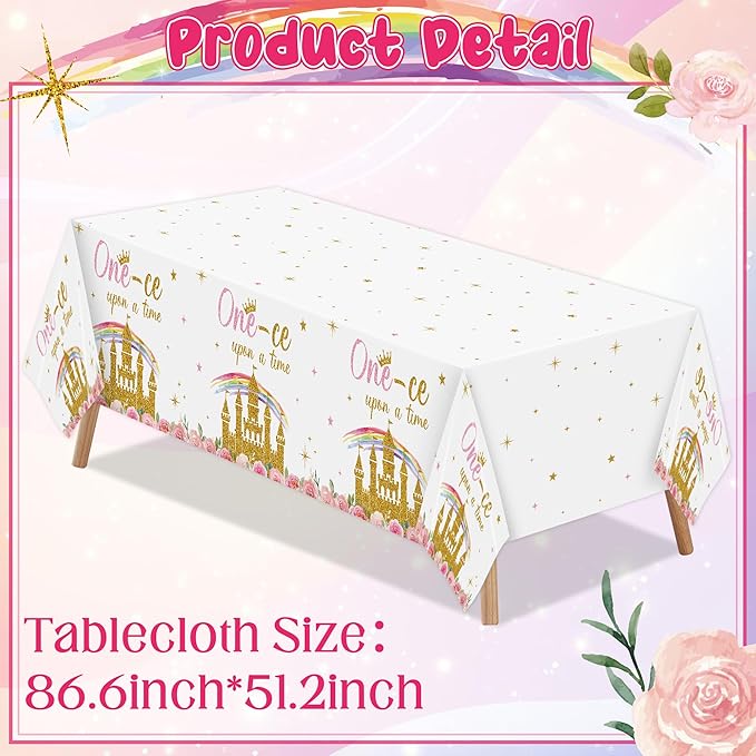 K1tpde Princess 1st Party Tablecloth - 3PCS One-ce Upon A Time Birthday Plastic Tablecloth for Girls, Princess Castle Party Floral Disposable Tablecover for Baby Shower Castle Fairytale Party Supplies