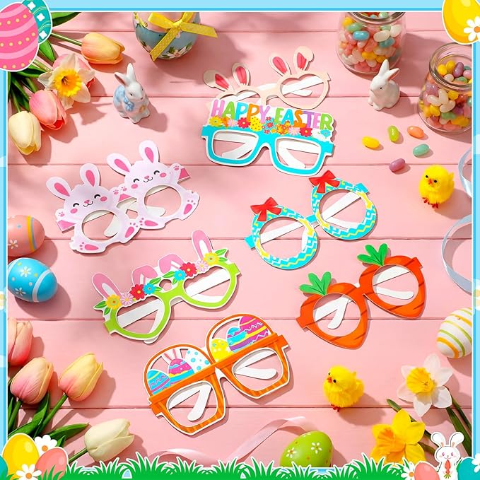 24 Pcs Easter Party Paper Glasses Frame Funny Bunny Ears Colorful Eggs Chick Eyeglasses for Easter Party Favors Decorations Photo Booth Props Basket Stuffers