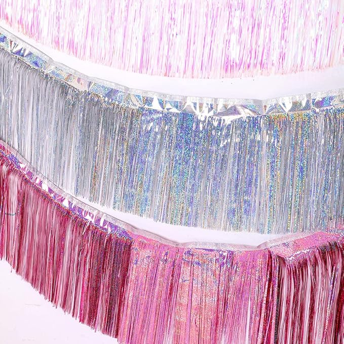 Premium Glitter Silver Fringe Tinsel Garland for Party Decorations -4 Layers Thick, 2 Pack | LILF Foil Metallic Banner Party Streamers for Wedding Birthday Christmas Decoration Home Hanging