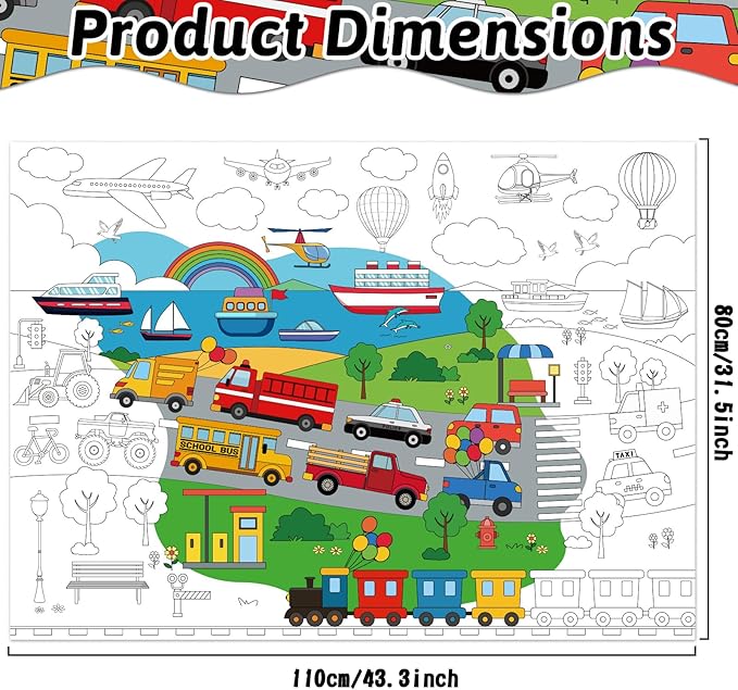 ZOIIWA Transportation Coloring Poster for Kids Giant Coloring Poster Large Traffic Car Coloring Tablecloth Jumbo Coloring Books for kids Classroom Home Birthday Party Supplies Favor 31.4 x 43.3 Inch
