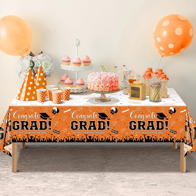 3 Pack Graduation Tablecloth Party Decorations, Class of 2026 Congrats Grad Plastic Tablecover Party Supplies, Orange Rectangle Graduation Table Decorations for College High School Party, 54 x 108Inch
