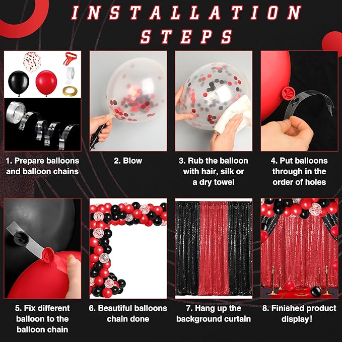 137 Pcs Red Black Party Backdrop Kits, 4 Sequin Backdrop Curtain 133 Balloon Arch Kit Garland Photo Background for Graduation Prom Wedding Anniversary Birthday Movie Night Decor