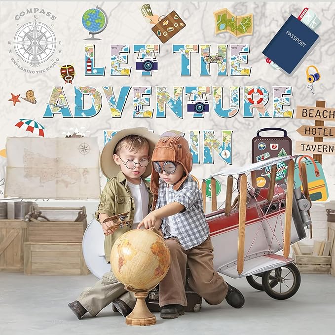 Colorful Let The Adventure Begin Backdrop Banner Photography Background for Retirement Farewell Going Away Leaving Goodbye Graduation Global Travel Theme Party Decoration Supplies 72.8*43.3in