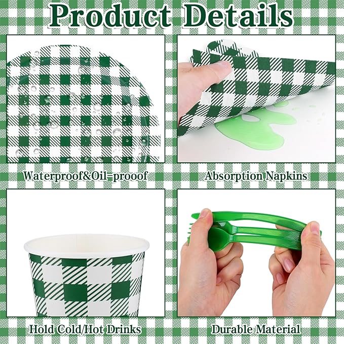 175 Pcs Gingham Party Supplies Include Green Gingham Plates and Napkins Cups Plastic Cutlery Disposable Green Checkered Plates Set for St Patricks Day, Picnic, Baby Shower, Golf Party