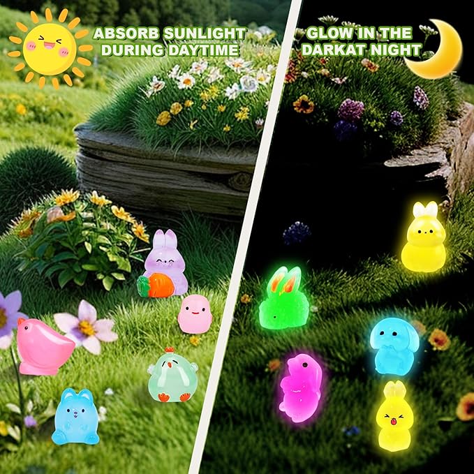 61Pcs Easter Luminous Mini Resin Figurines Miniature Figurines Tiny Small Easter Glow in The Dark Little Bunnies Chicken for Dollhouse Eggs Fillers Landscape Micro Garden Decoration Party Favors