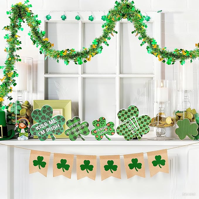 33 FT St Patricks Day Tinsel Garland Decor Gold Green Shamrock Hat Tinsel Garland Metallic Twist Hanging Garland for Home Indoor Outdoor Irish Party Supplies