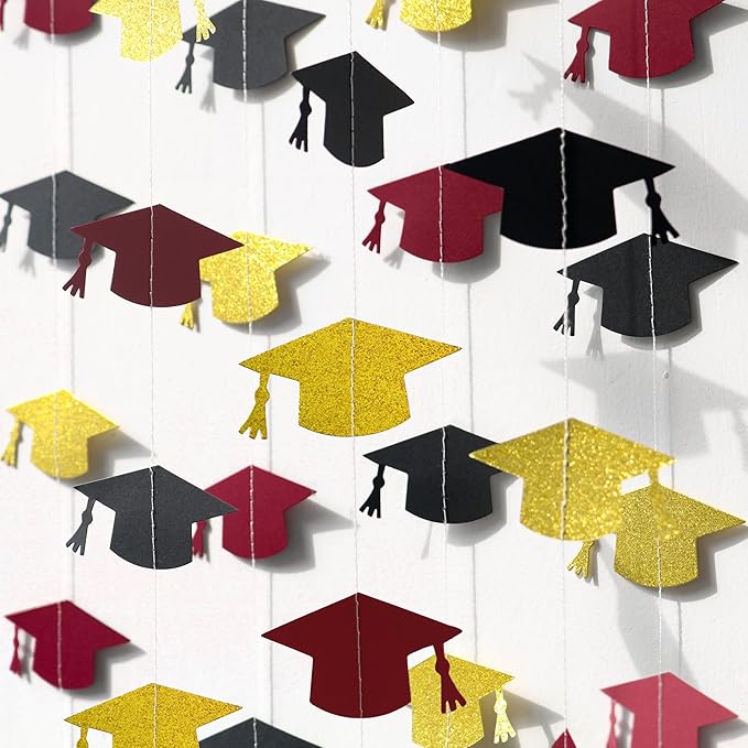 Black Maroon and Gold Graduation Garland Graduation Party Decorations Class of 2026 Grad Cap Garland Banner Streamers for Grad Party Hanging Decorations 39Feet