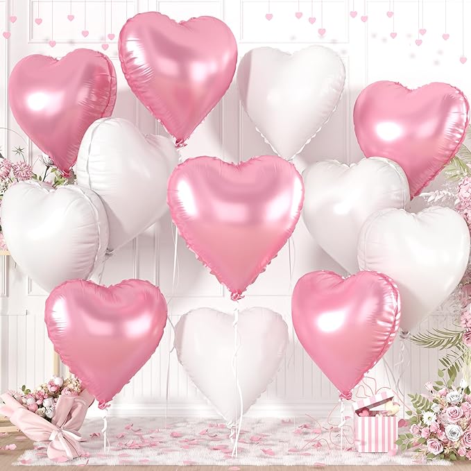 Pink White Heart Balloons,12Pcs Light Pink Heart Shaped Foil Balloons,18Inch White Helium Polyester Film Balloon for Baby Shower Birthday Anniversary Wedding Party Decorations