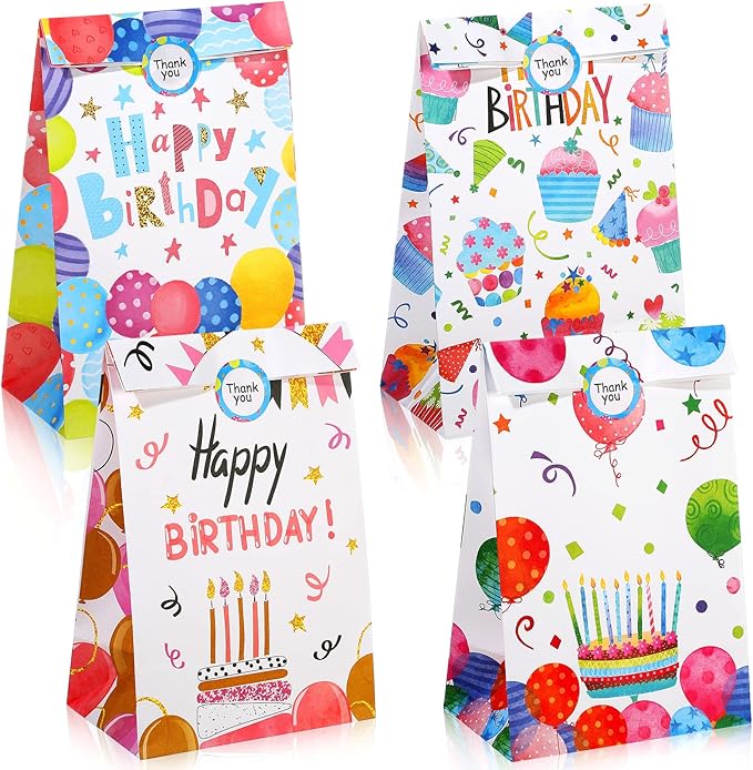 Chrisfall 24 Pieces Birthday Gift Bag Birthday Party Favor Gift Bags Goodie Bags with Seal Stickers Birthday Party Candy Bags Party Supplies