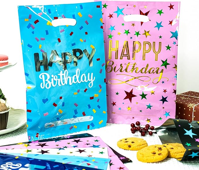HAPMARS 50pcs Happy Birthday Party Favors for Kids Goodie Bags, Small Return Gift Plastic Treat Candy Bags with Handles for Kids Baby Girls & Boys Birthday