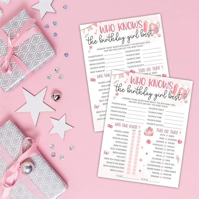 6"X8" Who Knows The Birthday Girl Best - Blush Birthday Elements - Funny Double-Sided 3-in-1 Game Card Set For Girls Birthday Party, Sleepover Party Activities, Favor & Supplies (20Pcs)- A10