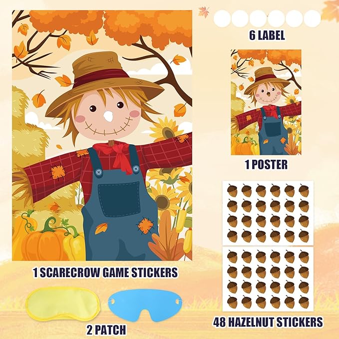 Hooqict Thanksgiving Games for Kids Party Pin The Nose on The Scarecrow Thanksgiving Activities Fall Festival Games Autumn Harvest Party Decorations, Large Pin The Tail Poster with 48 Stickers