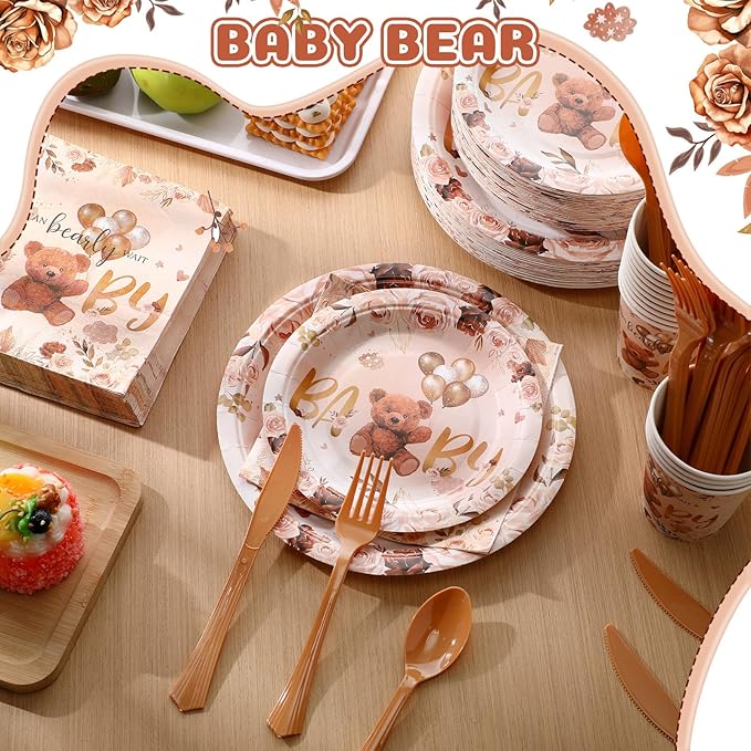 350 Pcs Brown Bear Baby Shower Paper Plates Napkins Cups Knives Forks Spoons for 50 Guests Disposable Bear Party Tableware for Birthday Baby Shower
