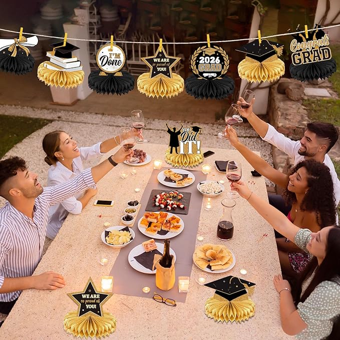 Yisong 9 Pieces 2026 Graduation Party Table Decorations Class of 2026 Congrats Graduation Centerpieces for Tables Congratulate Honeycomb Centerpiece Topper for Grad Party Supplies(Black Gold)