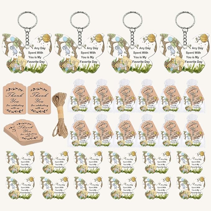 72 Pack Winnie Party Favors with Butterfly Shaped Keychains, 24 Acrylic Keychains, 24 Tags and 24 Gift Bags for Winnie Animal Themed Party