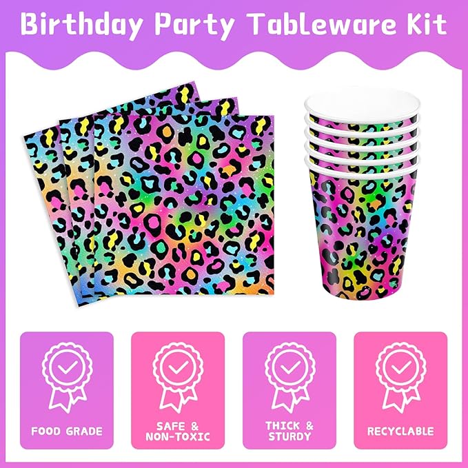 120pcs Neon Rainbow Leopard Birthday Party Supplies Paper Plates Napkins Cheetah Girl's Sparkly Splatter Paper Tableware Set Disposable Cups Pink Forks 24 Guests