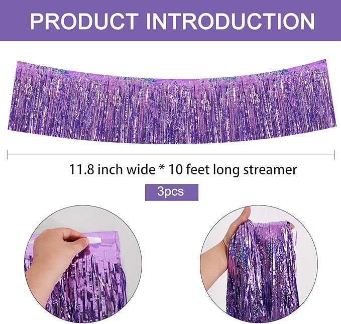 BEISHIDA 3 Packs Metallic Foil Fringe Garland Laser Light Purple Wall Hanging Tinsel Fringe Banners for Car Floats Bridal Shower Wedding Birthday Easter Graduation Holiday Party Decoration(30 Feet)