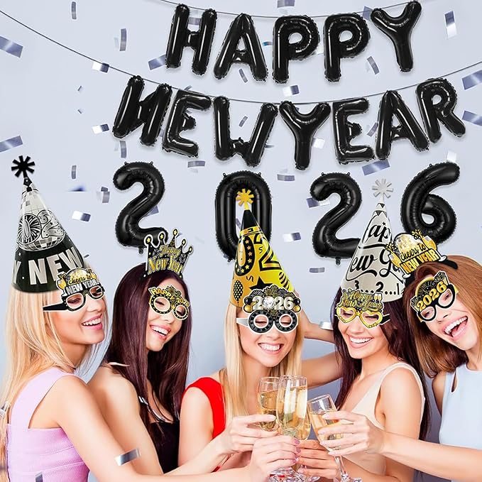 New Years Eve Party Supplies 2026, 42pcs Happy New Year Party Favors Set- New Years Paper Hats, 2026 New Year Headband, Eyeglasses, Blowouts for New Year's Eve Party