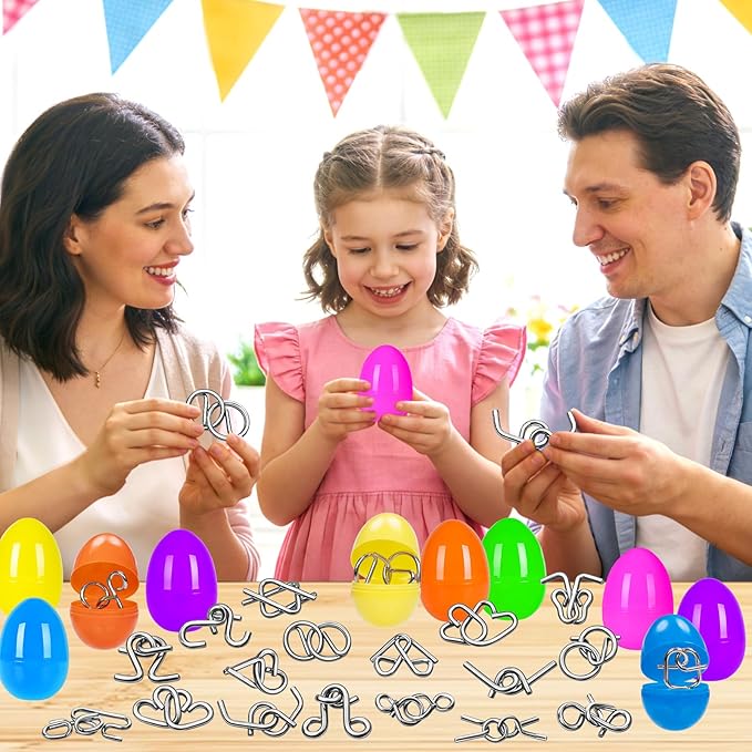 24 Pack Easter Egg Fillers with Metal Brain Teaser Puzzle Set Toys, Easter Eggs Hunts Filling Easter Basket Stuffers Stress Relief Toys Classroom Game for Kids Teens Boys Girls Easter Party Favor