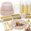 Nervure 350PCS Pink Plastic Plates - Pink Plastic Dinnerware Sets for 50 Guests - 100 Disposable Plates, 150 Gold Silverware, 50 Cups, 50 Napkins Perfect for Wedding & Party & Easter
