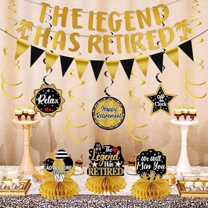Retirement Party Decorations for Men Women, Black Gold Happy Retirement Decorations Kit The Legend Has Retired Banner Retired Table Centerpieces Hanging Swirls Party Supplies 12PCS