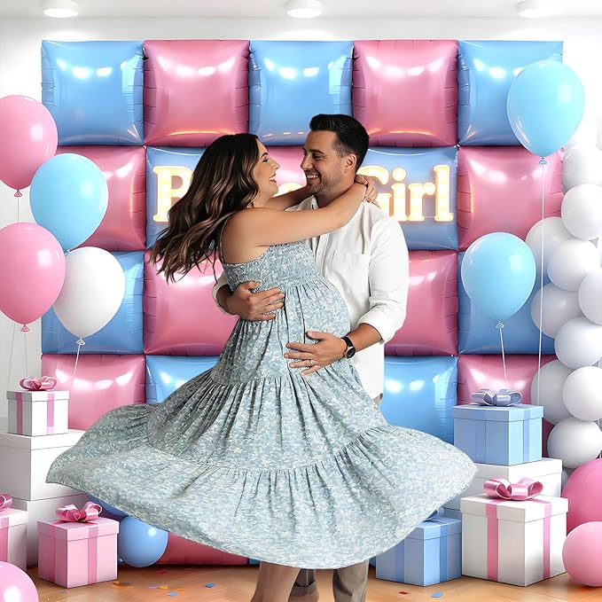 50Pcs Pink and Blue Square Foil Balloons Wall Backdrop, Double Sided Metallic Foil Balloons Tunnel Arch Garland Kit for Photo Booth Birthday Wedding Halloween Christmas Party Decorations