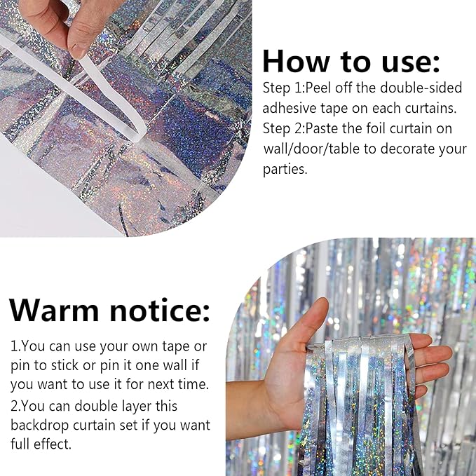 FECEDY 2 Packs 3.2ft x 6.6ft Silver Multicolor Tinsel Foil Fringe Curtains Photo Booth Props for Engagement Bridal Shower Bachelorette Baby Shower Bachelorette Holiday Celebration Party Decorations