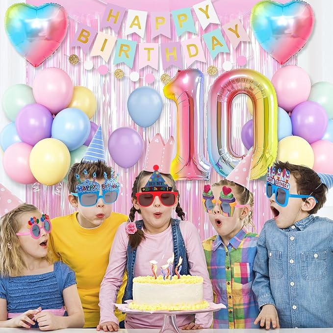 10th Birthday Decorations Rainbow,Gradient Number 10 Balloon,Pastel Happy Birthday Banner Fringe Curtain Heart Foil Balloons Boys Girls 10 Year Old Decor