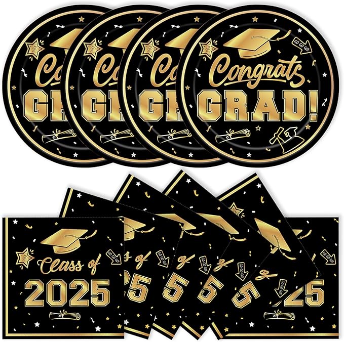 40Pcs Graduation Plates and Napkins 2025 Party Supplies, Class Of 2025 Disposable Black Gold Tableware Set for Congrats Grad Party Decorations (Graduation)