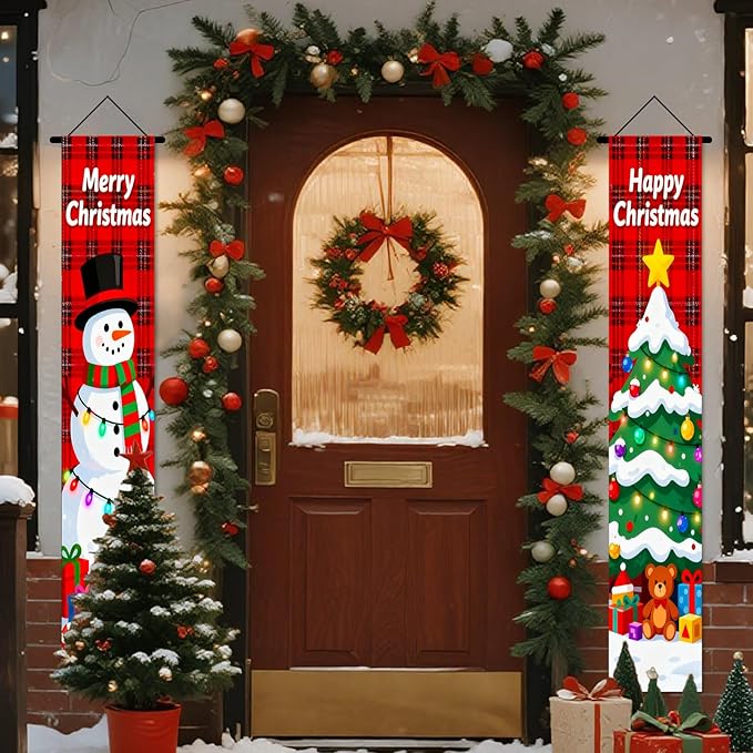 Nuxovilar Winter Merry Happy Christmas Snowman Tree Decor Polyester Banner 12x70.86 Inches Christmas Door Banner, Lively Decor for Bedroom, Balcony, Holiday Celebrations