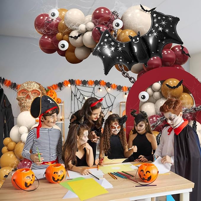 Halloween Balloon Garland Arch Kit, Scary Halloween Decorations 3D Bat Boo Foil Balloons Spooky Red Dark Brown Eyeball Latex Balloons for Indoor Outdoor Fall Bloody Horror Birthday Party Decorations