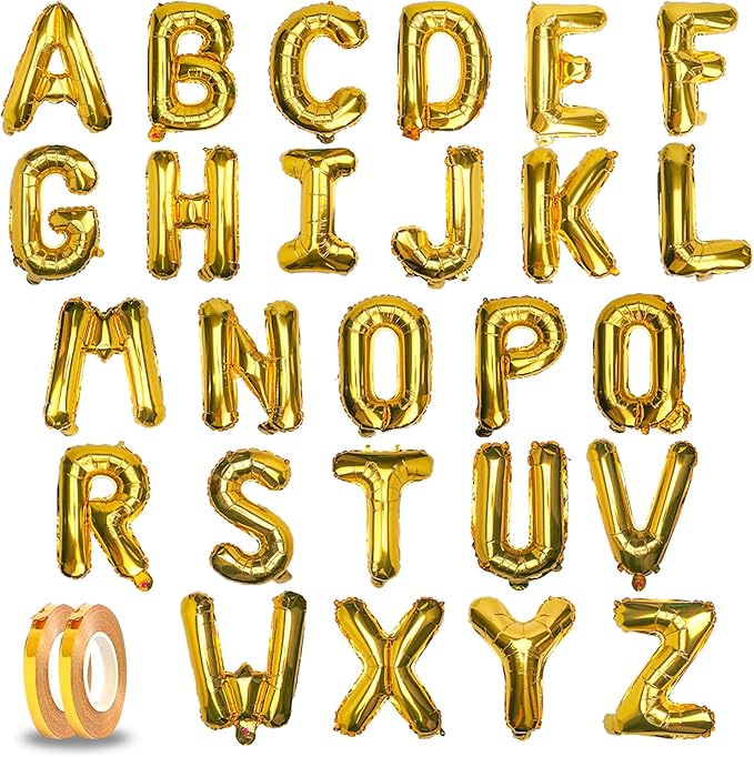 [26 Pcs] 16" Letter Gold Foil Balloons A-Z set, Mylar Aluminum Hanging Alphabet for Graduation Birthday Party Decorations New Year eve