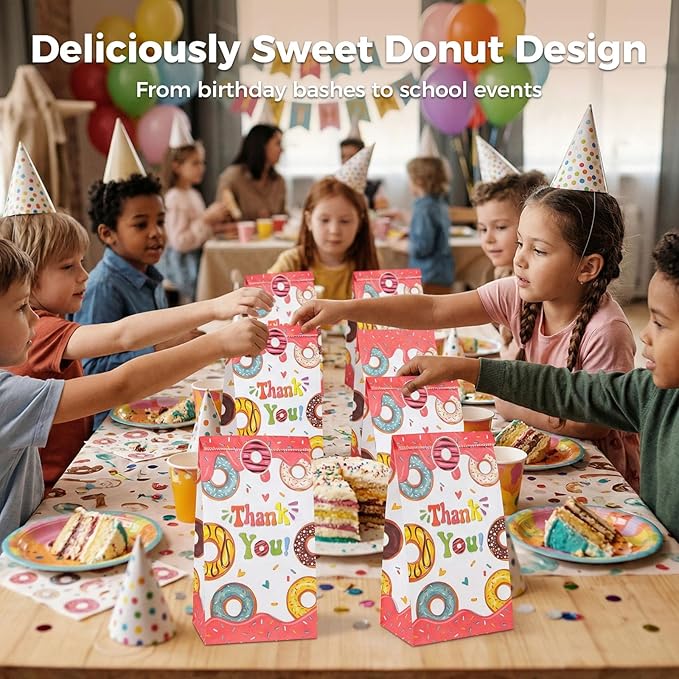 VGOODALL 24PCS Donut Party Favor Bags, Paper Gift Bags Goodie Bags with Stickers Candy Bags for Kids Birthday Party