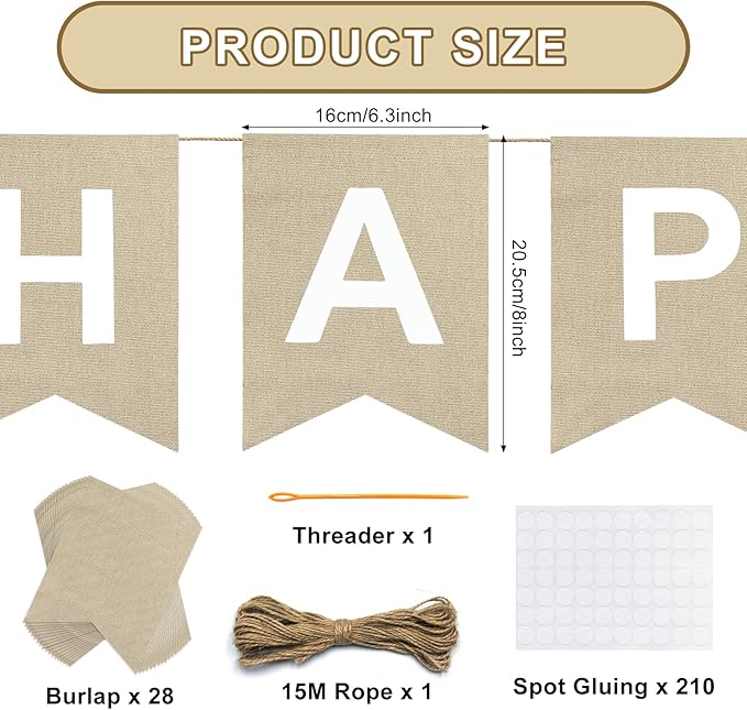 Reusable DIY Custom Banner Kit, 28 Burlap Flags, 87 Cardstock Letters/Numbers, 210 Double-Sided Adhesive Dots, Personalized Party Banner for Birthday, Baby Shower, Wedding, Graduation