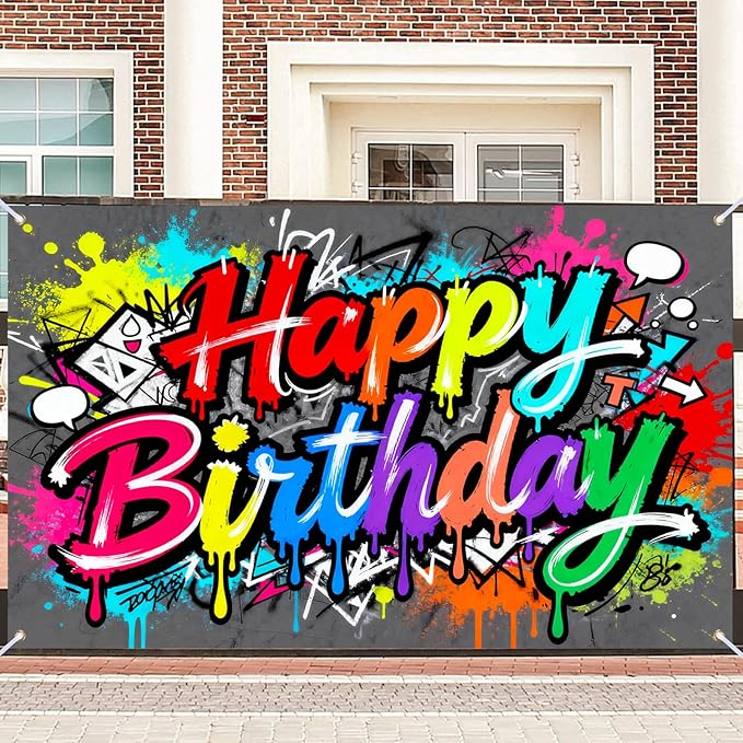 Vibrant Dripping Graffiti Happy Birthday Banner, Large Colorful Backdrop for Kid Teen Party Decor