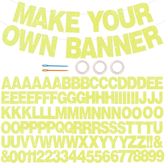 BEISHIDA 116 PCS A-Z DIY Letter Banner Kit Make Your Own Banner Glitter Yellow Including 111 Letters and Numbers 3 Rope and 2 Threading Device,Customized for Birthday Graduation Wedding Party Decor