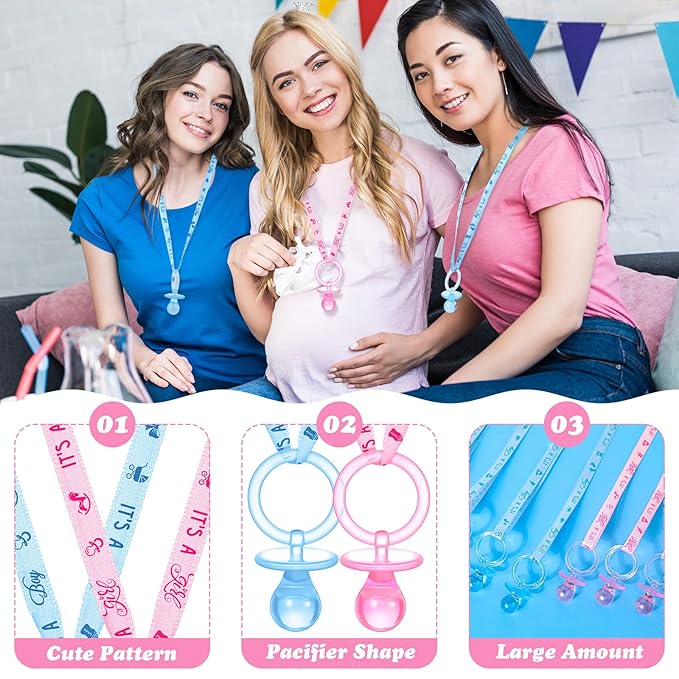 Coume 36 Pcs Shower Party Pacifiers Necklace Acrylic Pacifiers Charm Necklace for Shower Party Decorations Gender Reveal Table Scatter(Blue, Pink)