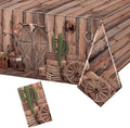 Western Party Tablecloths, 54 x 108 Inch Disposable Plastic Cowboy Table Cover for Rustic Farmhouse, West Wooden House, Western Theme Birthday Decorations Outdoor Indoor Party