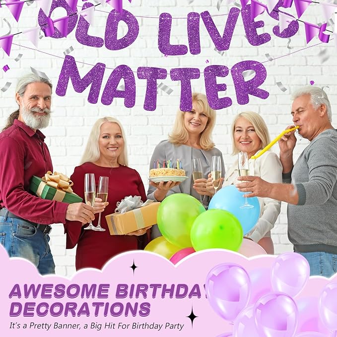 Fulmoon Pre Strung Banner 6.56 ft Funny Birthday Retirement Party Decorations 80th 70th 60th 50th Retirement Party Garland Bunting Decorations for Men Women(Glitter Purple)